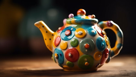 Antique teapot pouring hot drink on ornate pottery table decoration generated by artificial intelligenceの素材