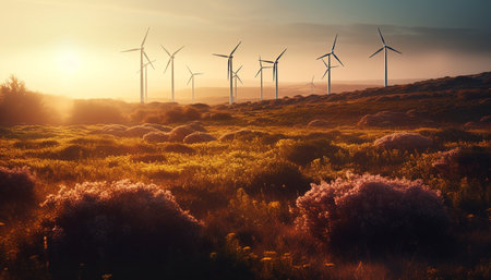 Efficient wind power generation turns yellow meadow into sustainable energy farm generated by artificial intelligenceの素材