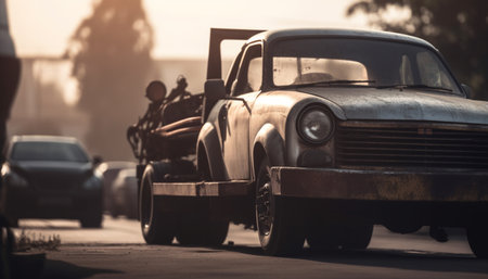 Vintage car driving outdoors, old fashioned mode of transport in motion generated by artificial intelligenceの素材