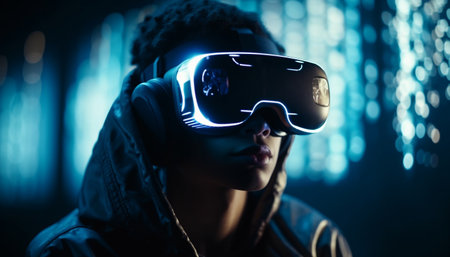 Modern cyborgs enjoy futuristic virtual reality adventure with wireless technology generated by artificial intelligenceの素材