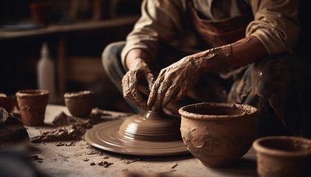 Craftsperson turning wet clay on pottery wheel, shaping homemade vase generated by artificial intelligenceの素材