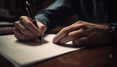 Caucasian businessman sitting at desk, holding pen, signing document generated by artificial intelligenceの素材
