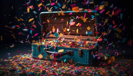 Multi colored streamers flying, confetti falling, a traditional birthday celebration event generated by artificial intelligenceの素材