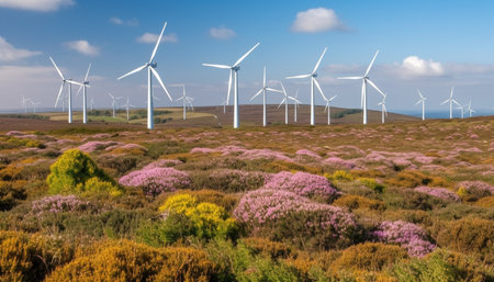 Wind turbines turning in a row, powering sustainable resources generated by artificial intelligenceの素材
