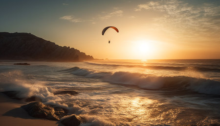 Men flying in mid air, paragliding over the blue seascape generated by artificial intelligenceの素材