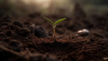 Fresh green seedling sprouts new life in muddy organic soil generated by artificial intelligenceの素材