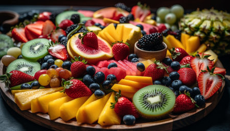 Healthy fruit salad with a variety of ripe, colorful berries generated by artificial intelligenceの素材
