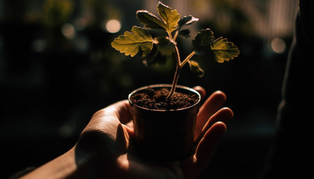Fresh green seedling held by human hand, symbolizing growth and nature generated by artificial intelligenceの素材