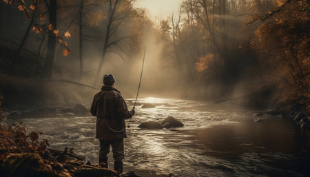 One man fishing in tranquil autumn landscape, catching freshwater fish generated by artificial intelligenceの素材
