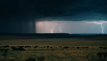 Dramatic sky over majestic mountain range, glowing with forked lightning generated by artificial intelligenceの素材