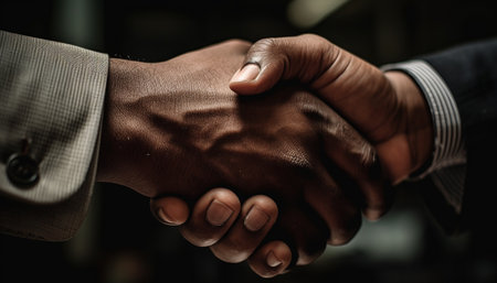 Businessmen shaking hands in close up, signifying successful cooperation agreement generated by artificial intelligenceの素材