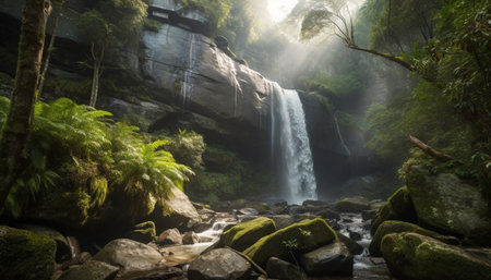 Tranquil scene of a tropical rainforest with flowing water and growth generated by artificial intelligenceの素材