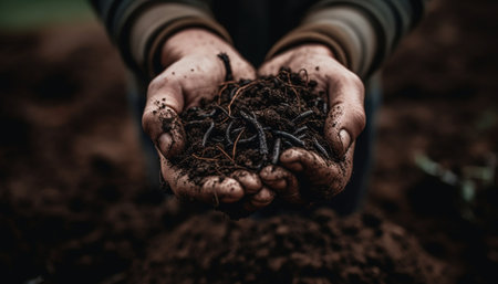 Organic farmer holding seedling, planting new life in nature soil generated by artificial intelligenceの素材
