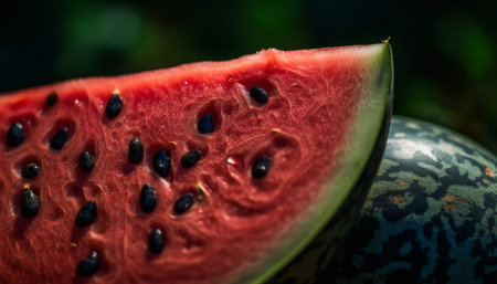 Juicy watermelon slice, ripe and sweet, perfect summer refreshment snack generated by artificial intelligenceの素材