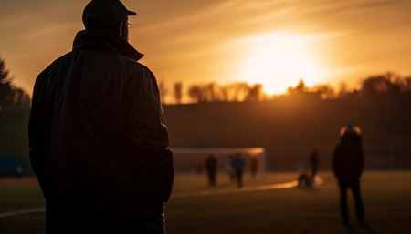 Silhouette of an athlete jogging outdoors at sunset generated by artificial intelligenceの素材