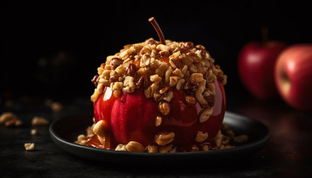 Freshly baked sweet pie with caramelized apple and almond slice generated by artificial intelligenceの素材