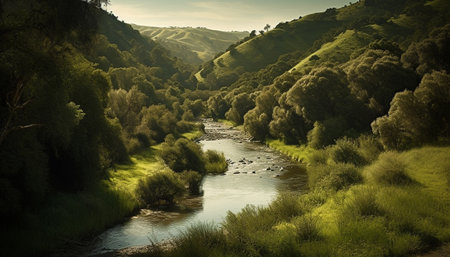 Tranquil sunset over mountain range reflects on flowing water below generated by artificial intelligenceの素材