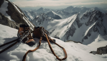 One person climbing a mountain peak in extreme winter terrain generated by artificial intelligenceの素材