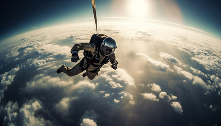 Handsome astronaut jumping mid air in extreme space adventure generated by artificial intelligenceの素材