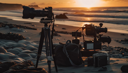 Photographer captures stunning sunset landscape with SLR camera and tripod generated by artificial intelligenceの素材