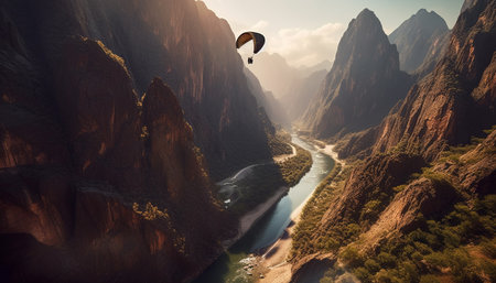 Men flying high up in mid air, paragliding over mountain landscape generated by artificial intelligenceの素材