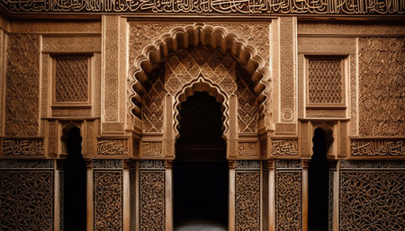 Ornate arches and intricate tile patterns adorn ancient Arabic tombs generated by artificial intelligenceの素材