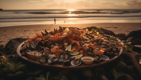 Grilled seafood plate on wood table, close up of gourmet meal generated by artificial intelligenceの素材