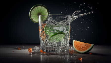 Refreshing citrus mojito with ice, lime, and mint in glass generated by artificial intelligenceの素材