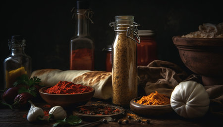Rustic spice bowl with fresh organic ingredients for healthy meal generated by artificial intelligenceの素材