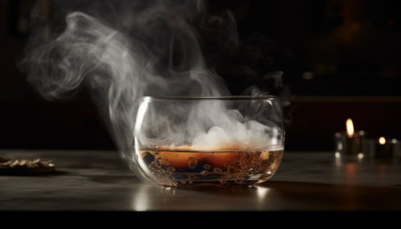 Luxury whiskey and cigar on wood table in dark bar generated by artificial intelligenceの素材