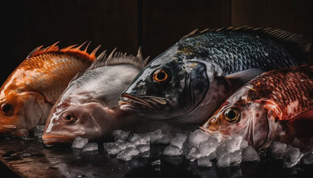 Fresh seafood meal Catch of fish with gourmet vegetable ingredient generated by artificial intelligenceの素材