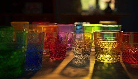 Vibrant bar counter with multi colored drinks and whiskey bottles generated by artificial intelligenceの素材