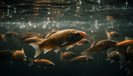 Multi colored goldfish swimming in a freshwater pond, surrounded by nature generated by artificial intelligenceの素材