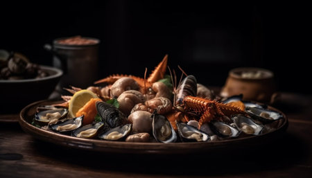 Fresh seafood plate with crustaceans, mussels, prawns, and scallops generated by artificial intelligenceの素材