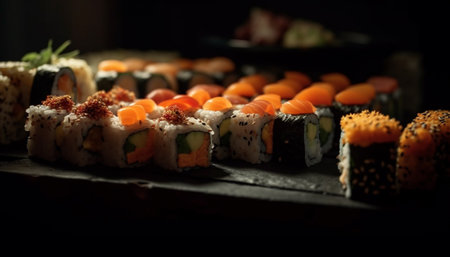 Fresh seafood plate, a gourmet meal of maki sushi and sashimi generated by artificial intelligenceの素材