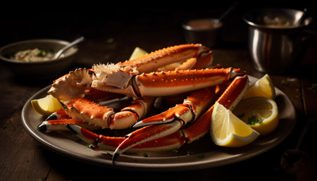 Grilled seafood plate with crab leg, lobster, and prawn generated by artificial intelligenceの素材
