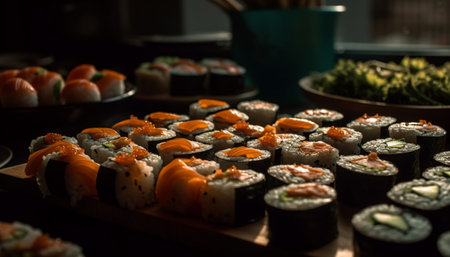 Gourmet seafood meal sushi variation with fresh fish and avocado generated by artificial intelligenceの素材