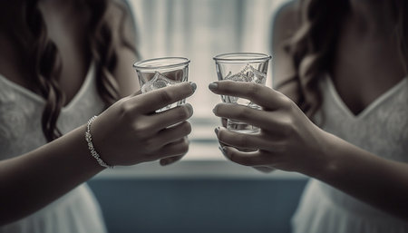 Young adult females holding drinking glasses indoors, enjoying togetherness and relaxation generated by artificial intelligenceの素材