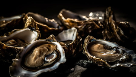Healthy gourmet seafood meal with fresh Pacific oysters and crustaceans generated by artificial intelligenceの素材
