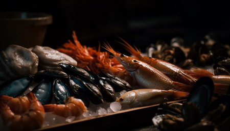 Fresh seafood meal on plate, grilled prawn and scampi appetizer generated by artificial intelligenceの素材