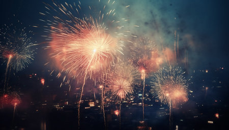 Vibrant colors illuminate the night sky in explosive celebration generated by artificial intelligenceの素材