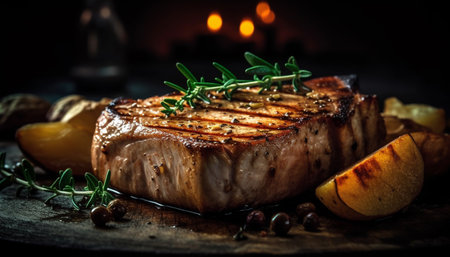 Grilled steak fillet on plate, cooked to perfection over flame generated by artificial intelligenceの素材