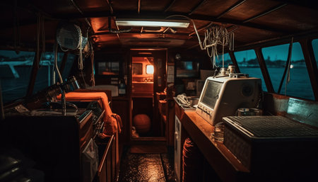 Inside the luxury yacht, men work on machinery and equipment generated by artificial intelligenceの素材