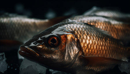 Freshwater carp eye, yellow scale, underwater in nature blue generated by artificial intelligenceの素材