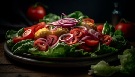 Fresh vegetarian salad with organic ingredients on rustic wooden plate generated by artificial intelligenceの素材