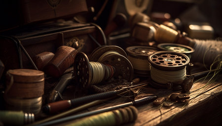 Rustic workshop Spool of thread, wood, metal, sewing needle, container generated by artificial intelligenceの素材