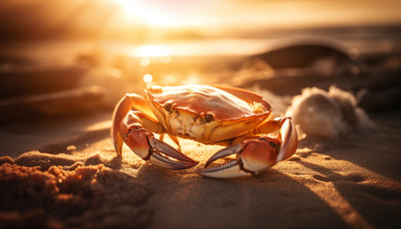 Sunset over the orange coastline, crab claw in the sand generated by artificial intelligenceの素材
