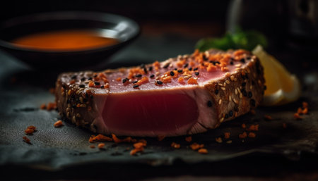 Grilled pork fillet on rustic wood table, ready to eat delicatessen generated by artificial intelligenceの素材