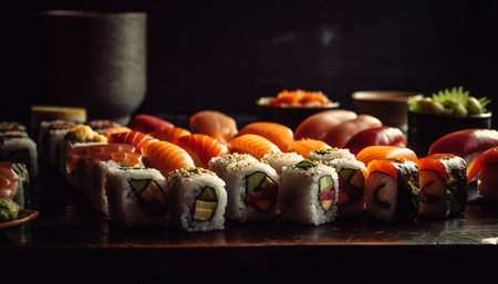 Fresh seafood plate sashimi, maki sushi, nigiri, shrimp, tuna, avocado generated by artificial intelligenceの素材