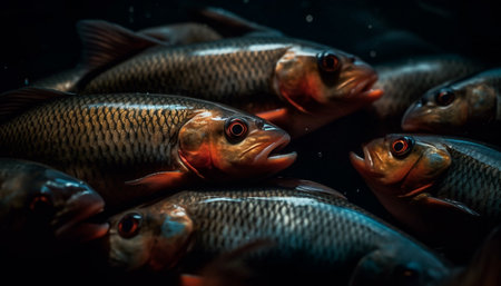 Multi colored school of fish swimming in fresh blue saltwater generated by artificial intelligenceの素材